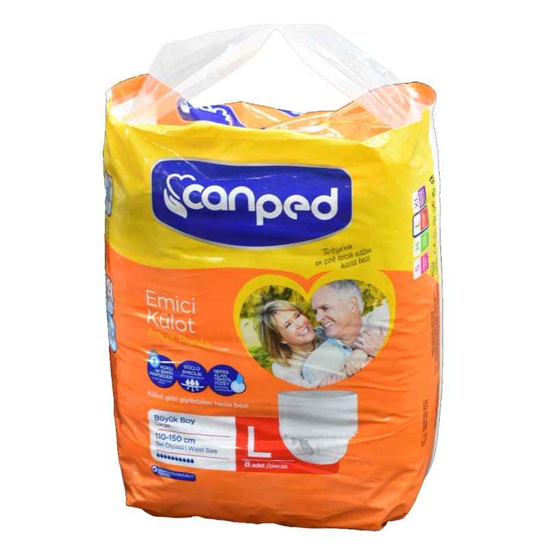 Canped Adult Diapers for incontinence (Size: L) (waist Size between 110 150 cm) For both sexes, High Quality, High Absorbance, Anti leakage barrier, Dermatologically tested (8 Pcs)