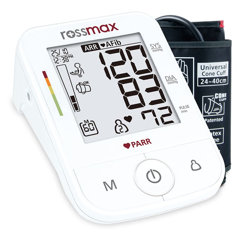 جهاز قياس ضغط الدم الأوتوماتيكي(X5) شاشة عرض كبيرة  مؤشر عدم انتظام ضربات القلب  120 ذاكرة ل 2 مستخدمين  متوسط اخر 3 قراءات  رباط خالي من المطاط  حقيبة محمولة (لون: ابيض) من روزماكس