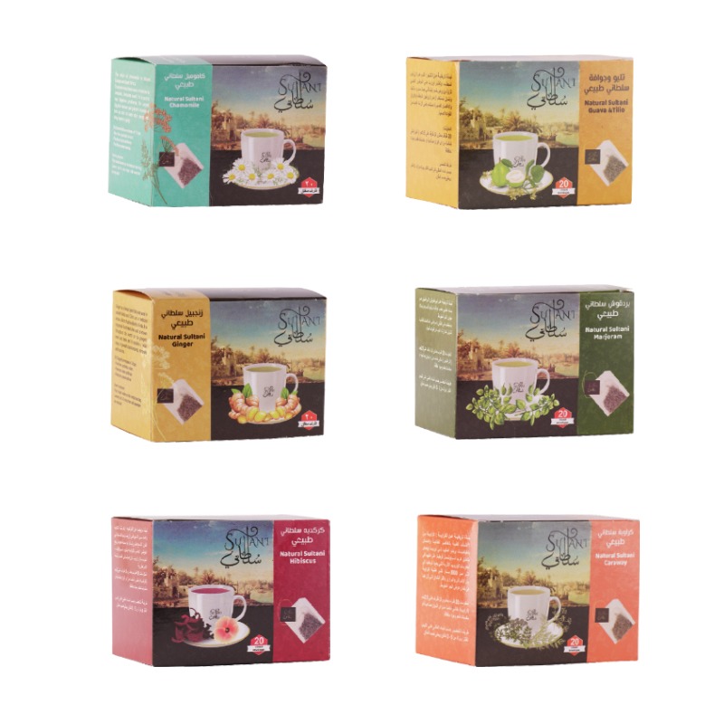 Sultany Herbal Tea Set - 6 Packs*20 Tea Bags ( Guava & Tilio, Chamomile, Marjoram, Ginger, Caraway, Hibiscus)