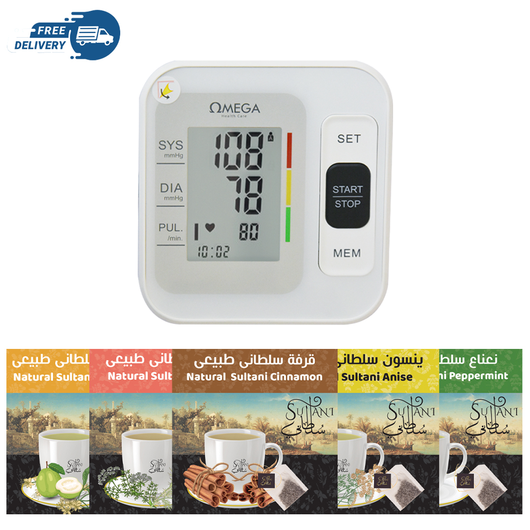 عرض (جهاز قياس ضغط الدم ديجيتال من اوميجا + خمس عبوات أعشاب مختلفة من سلطاني/12 كيس) + شحن مجاني