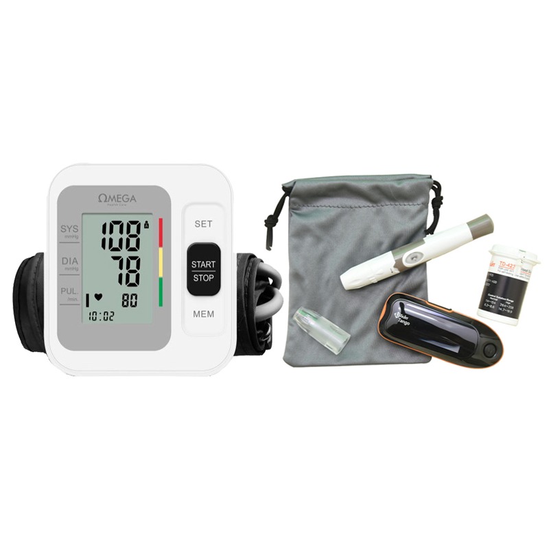 عرض  (جهاز قياس ضغط الدم الديجيتال من اوميجا + جهاز قياس السكر في الدم (تانجو) يشمل 10 شرائط اختبار + شرائط اختبار السكر في الدم (تانجو) 50 شريط ) + علبة شكاكات 100 شكاكة مجاناَ)