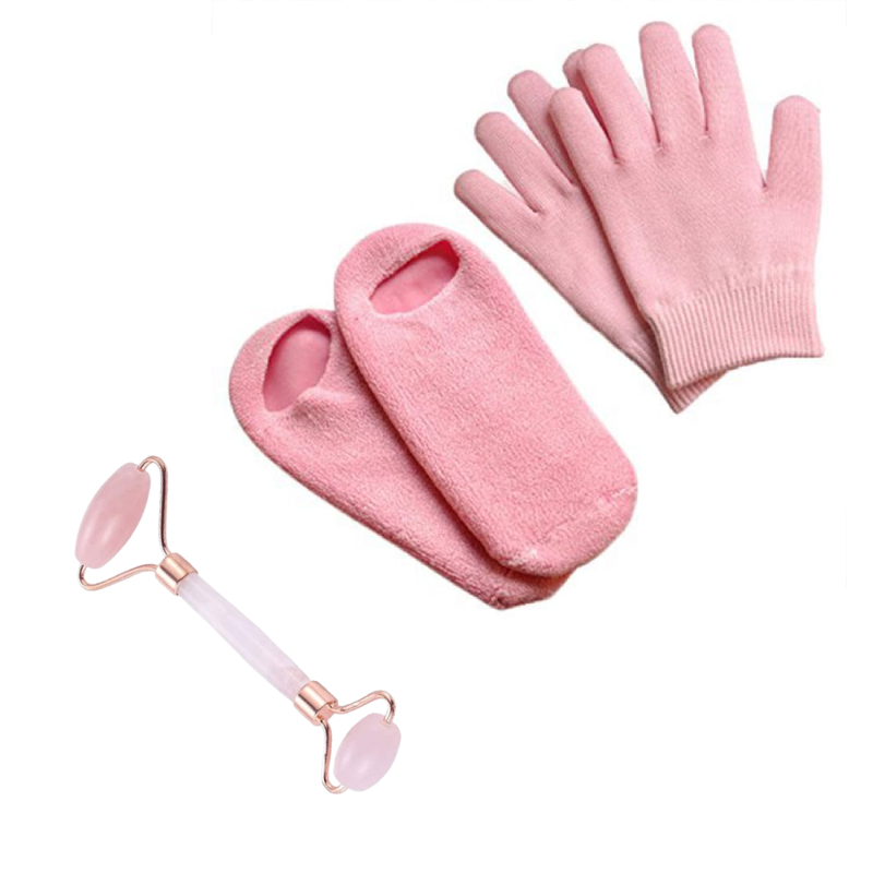 Butterfly Offer (Butterfly Spa Gel Gloves + Butterfly Spa Gel Socks Reusable To 200 Times Moisturizing Whitening Exfoliating Pink +Butterfly Facial Massage Natural Rose Pink Crystal Quartz Roller Double Head Jade Stone Anti Wrinkle, Skin care Pink Color)