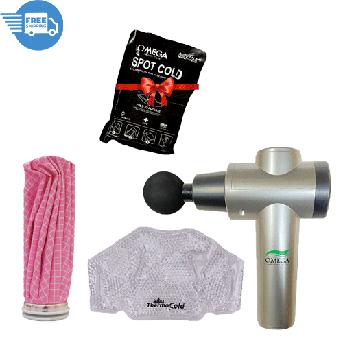 Gym offer (Omega massage gun + Thermo cold for neck + cold/hot bag pink color 11 inch + free Spot Cold