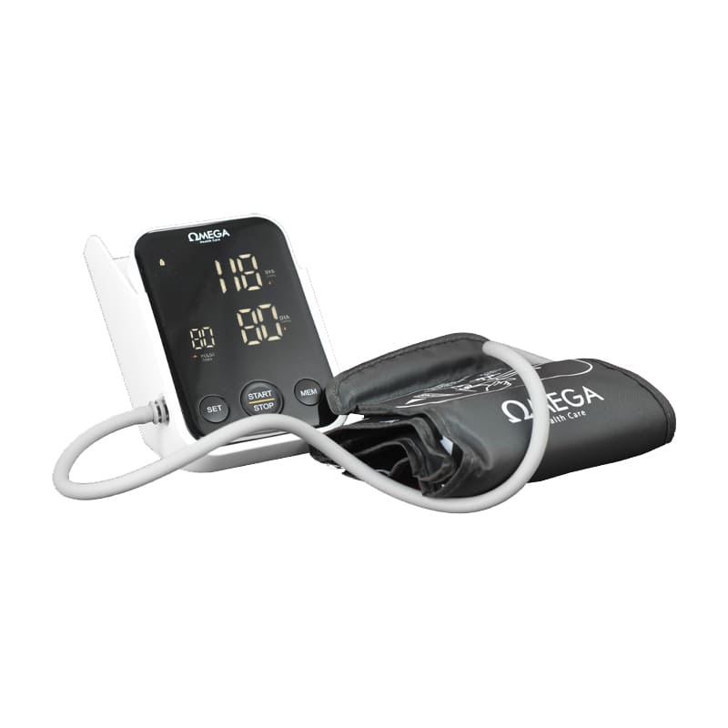 جهاز قياس ضغط الدم الديجيتال مع شاشة ليد ناطق موديل C02 مزود بحامل للتثبيت والتخزين من اوميجا
